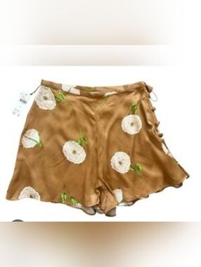 Anthropologie Brown Satin High-Waist Floral Shorts